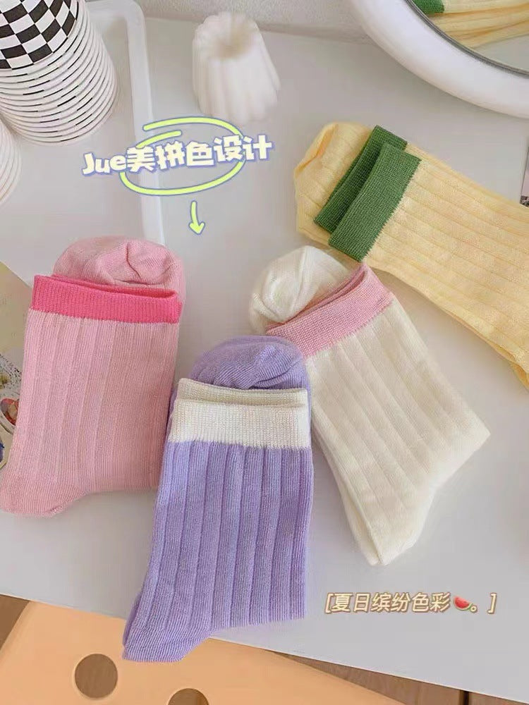 Contrast Cuff Crew Socks for Women | Lightweight Striped Cotton Socks