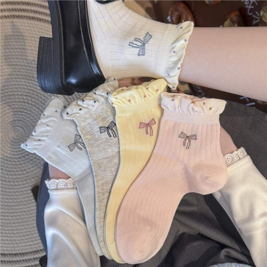 Cute Bow Ruffle Ankle Socks for Women | Balletcore Thin Warm Weather Socks