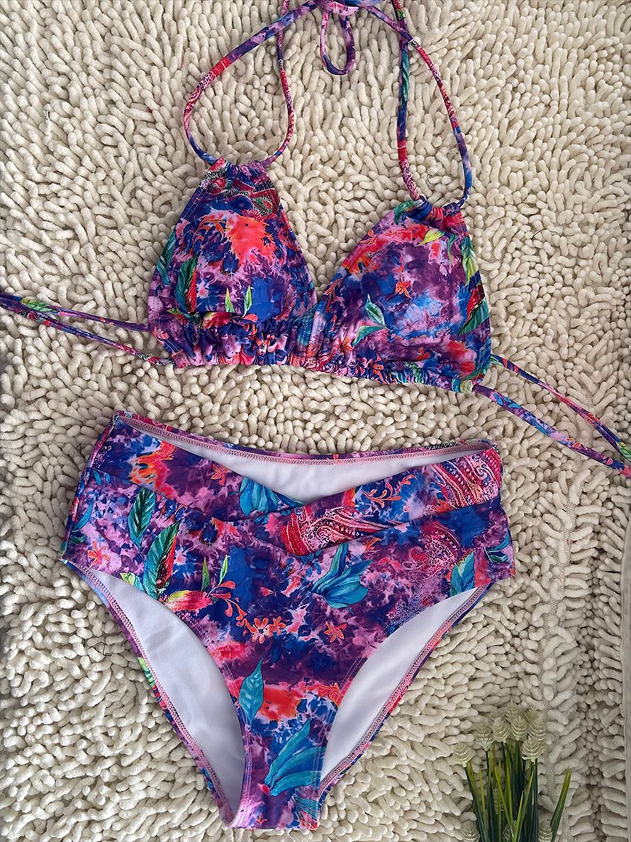 High-Waisted Floral Halter Bikini Set | Women's Beach Swimwear