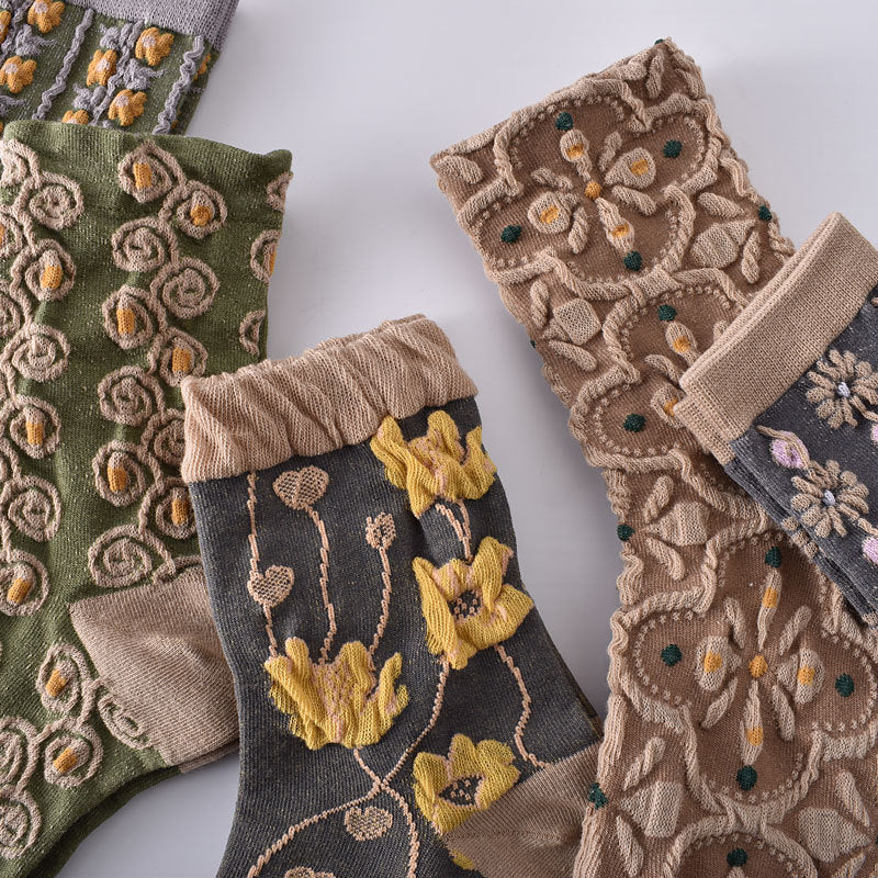Vintage Floral Crew Socks for Women | Textured Retro Cotton Socks