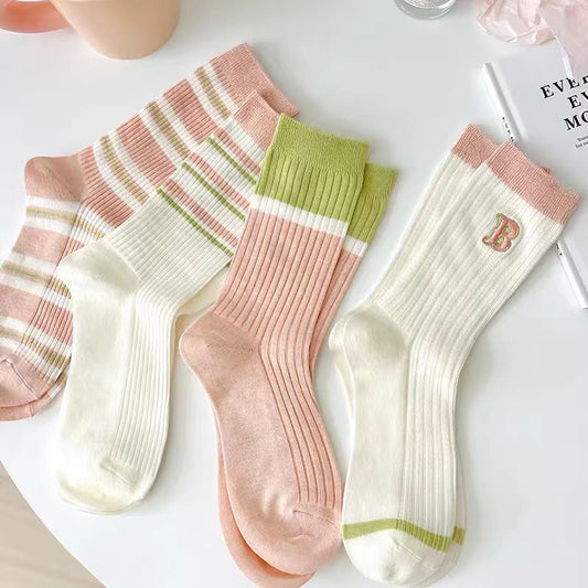 Cotton Crew Socks for Women | Preppy Pastel Embroidered Mid Calf