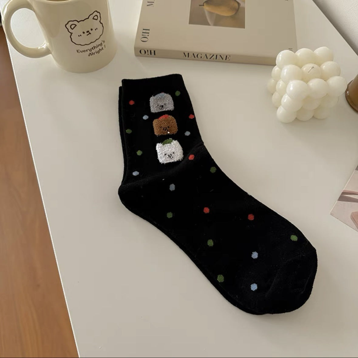 Cute Cotton Polka Dot Bear Crew Socks for Women