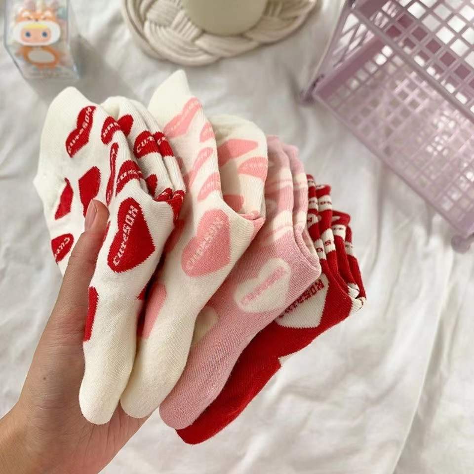 Cute Heart Print Crew Socks for Women | Soft Cotton Casual Socks