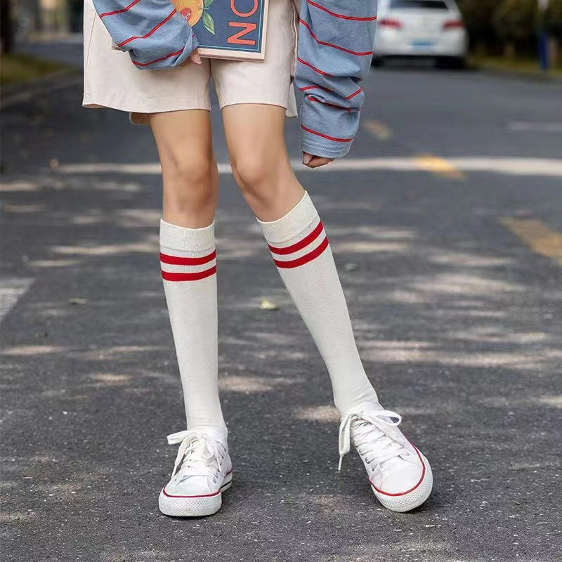 Two-Stripe Athletic Calf Socks | Breathable Cotton Retro Sports Socks