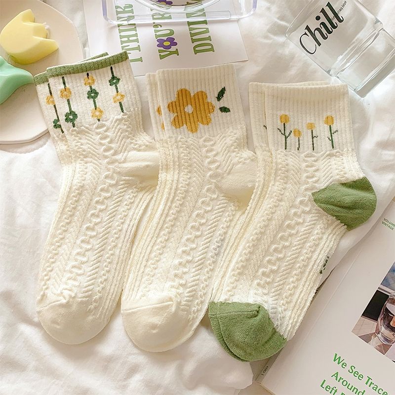 Cotton Floral Crew Socks for Women | Green Patterned Casual Socks