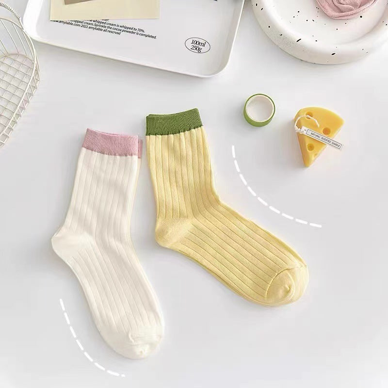 Contrast Cuff Crew Socks for Women | Lightweight Striped Cotton Socks