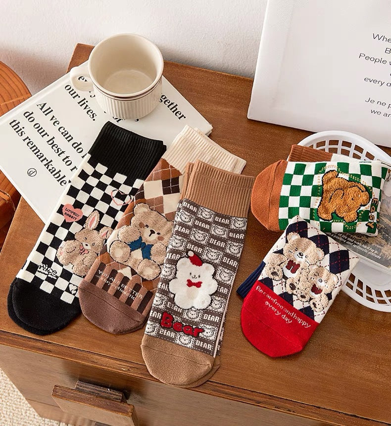 Cute Cotton Novelty Crew Socks | Checkered Bear Women's Socks