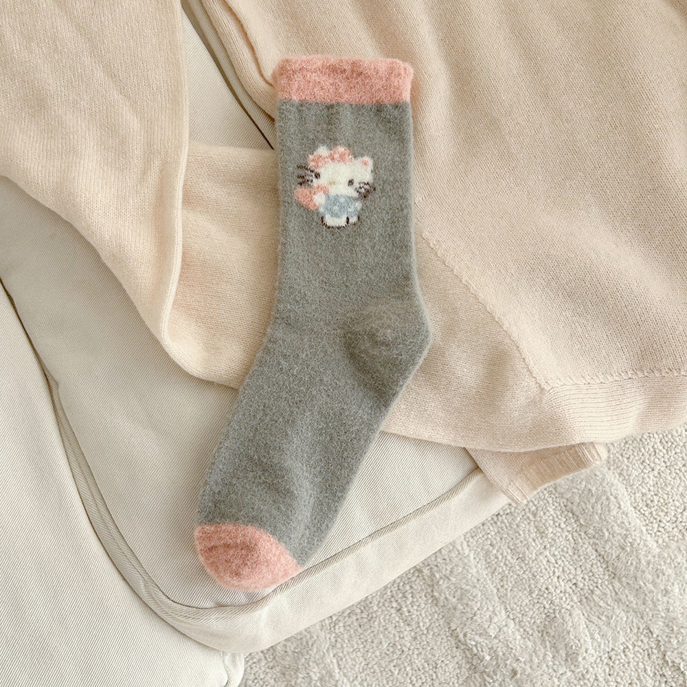 Cute Fuzzy Cozy Crew Socks | Hello Kitty Winter Socks for Women