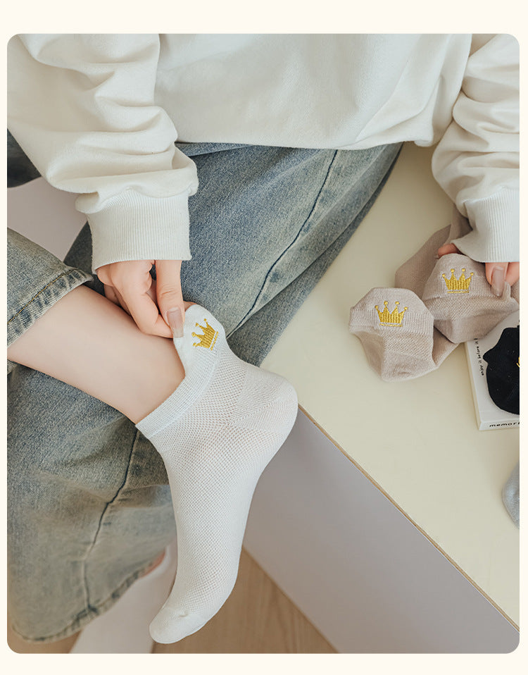 Embroidered Crown No-Show Socks | Breathable Summer Mesh Socks for Women