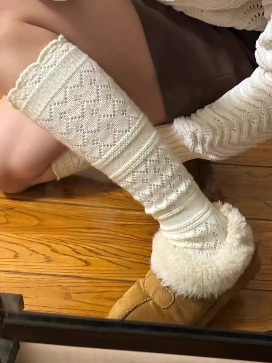 Lace Openwork Cotton Slouch Calf Socks for Women for Boots