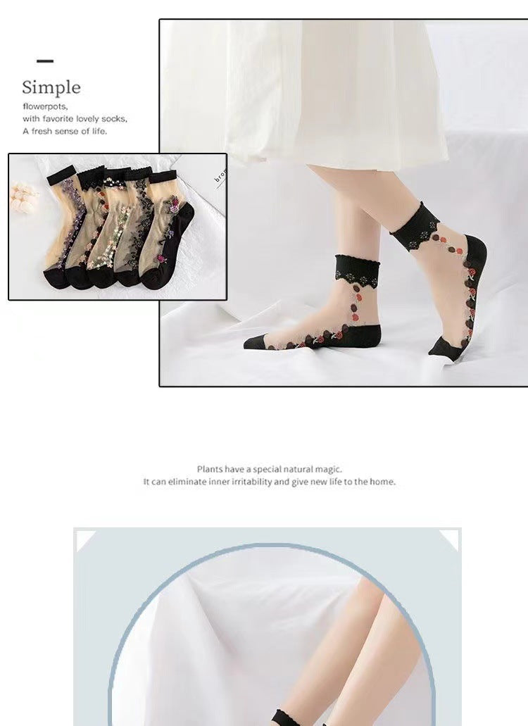 Floral Sheer Crew Socks for Women | Breathable Cotton Sole Summer Socks