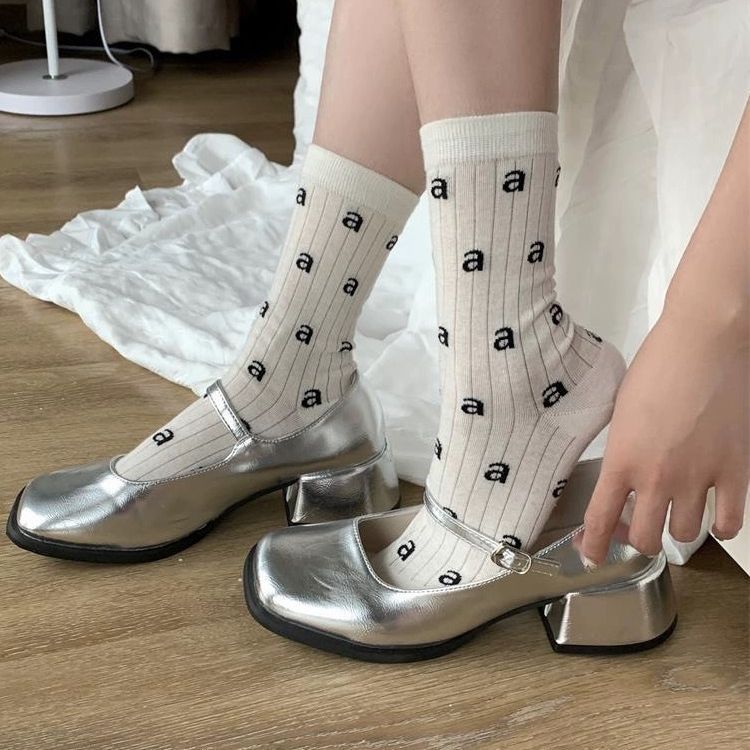 Thin Letter Print Cotton Crew Socks | Casual Socks for Women