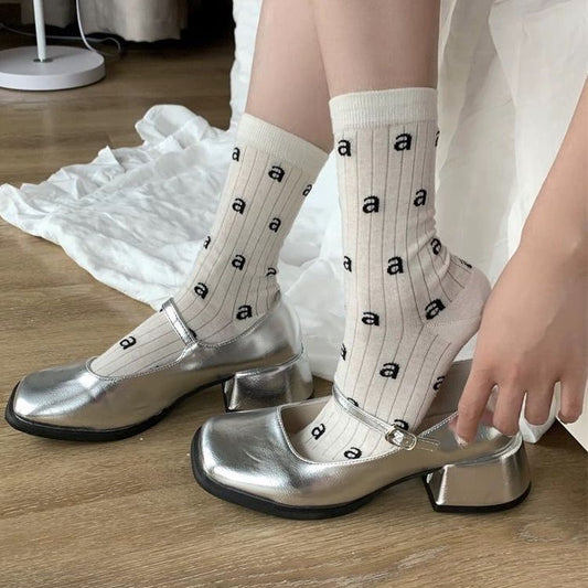 Thin Letter Print Cotton Crew Socks | Casual Socks for Women