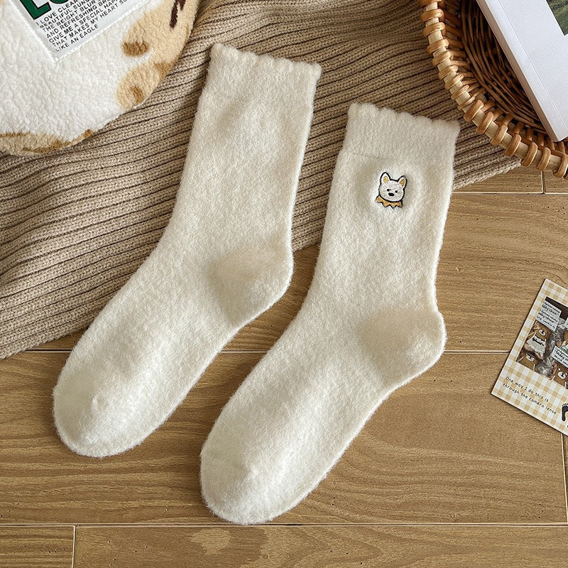 Fuzzy Warm Cozy Crew Socks | Cute Embroidered Winter Lounge Socks