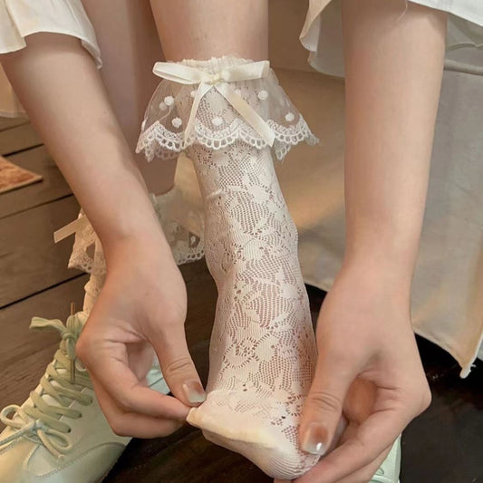 Women's Lace Crew Socks | Breathable Bow Ruffled Mid-Calf Socks