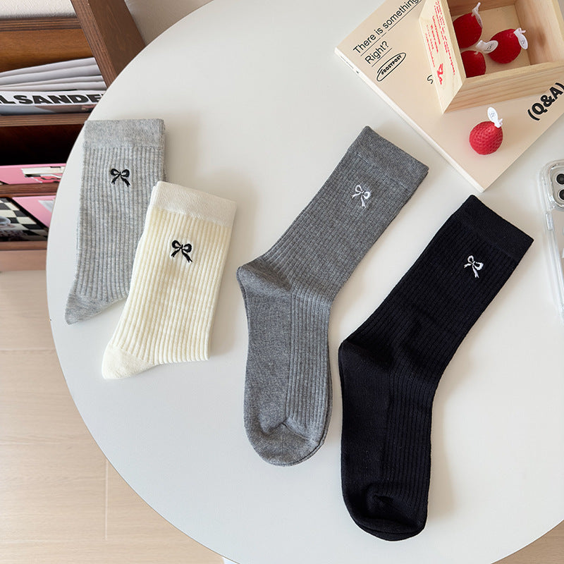 Embroidered Bow Cotton Crew Socks for Women | Casual Everyday Socks