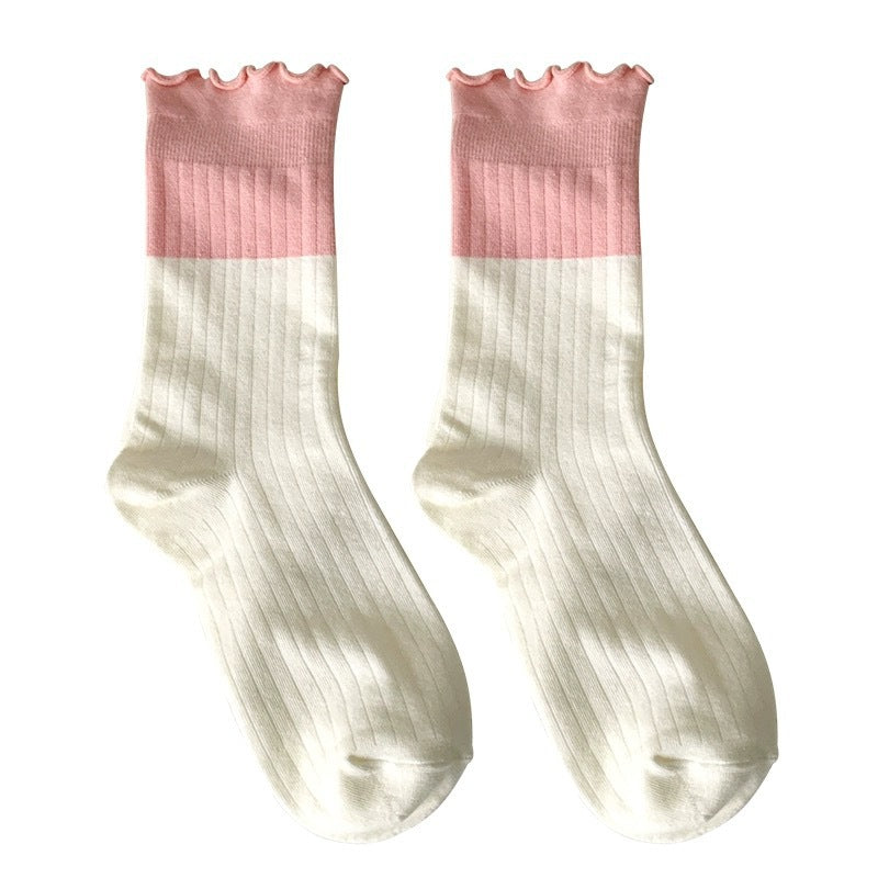 Cute Colorblock Ruffled Cotton Crew Socks for Women