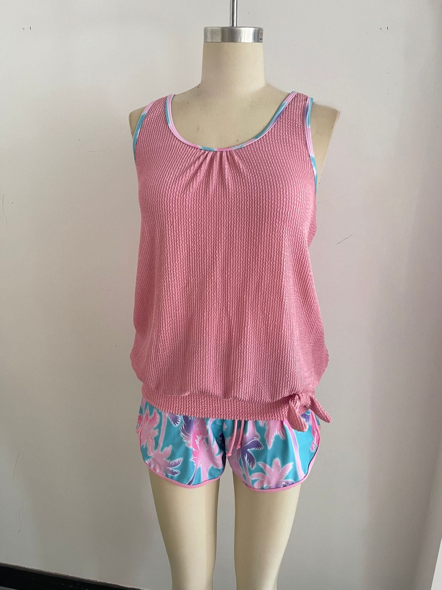Pink Tie-Waist Tankini Two-Piece | Trendy Beach Swimwear