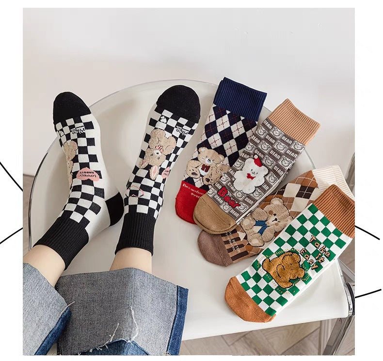 Cute Cotton Novelty Crew Socks | Checkered Bear Women's Socks