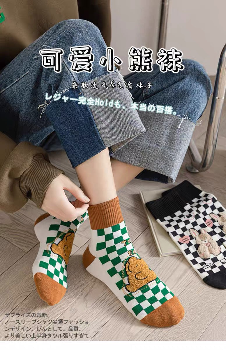 Cute Cotton Novelty Crew Socks | Checkered Bear Women's Socks