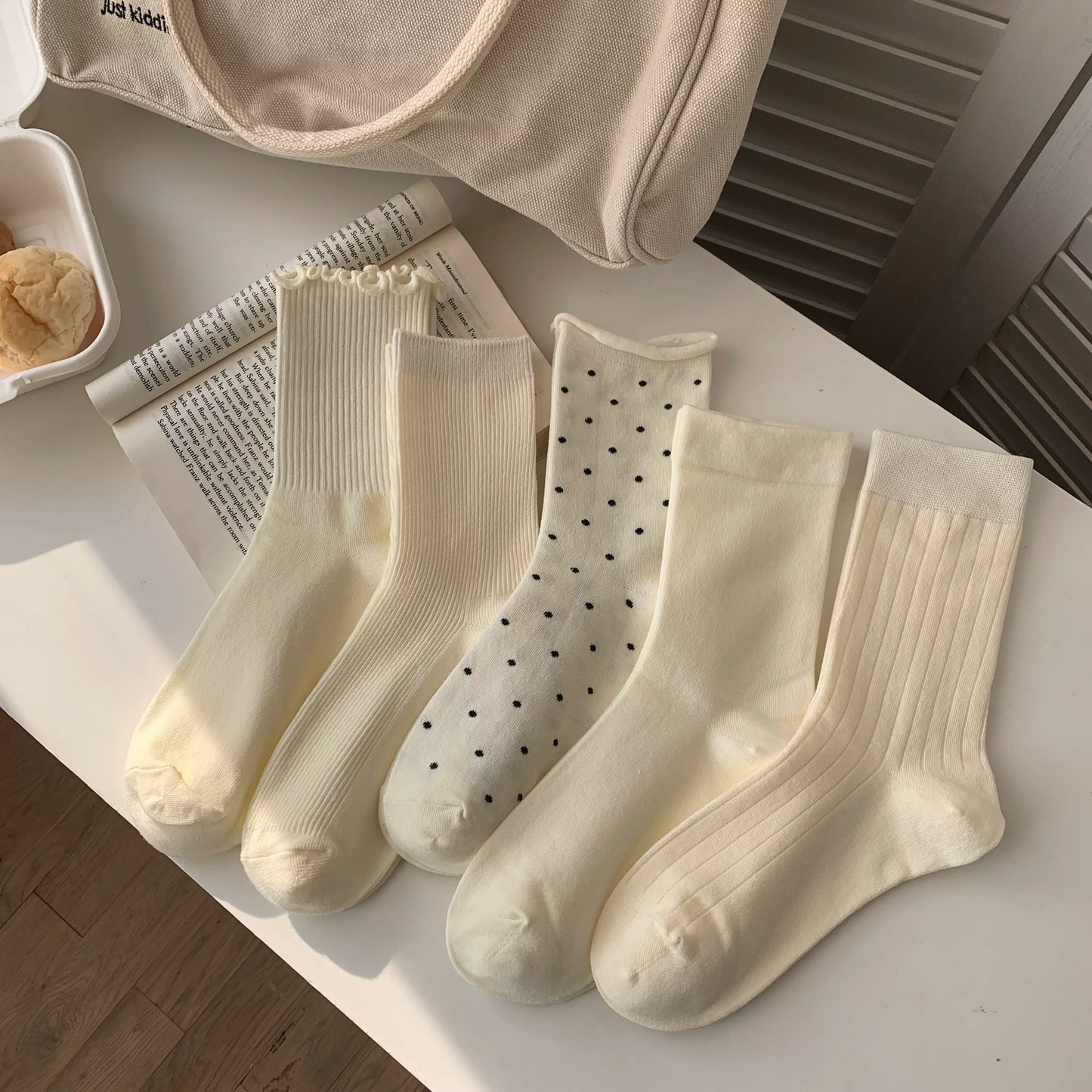 Cream Crew Socks for Women | Cotton Mid-Calf Casual Socks