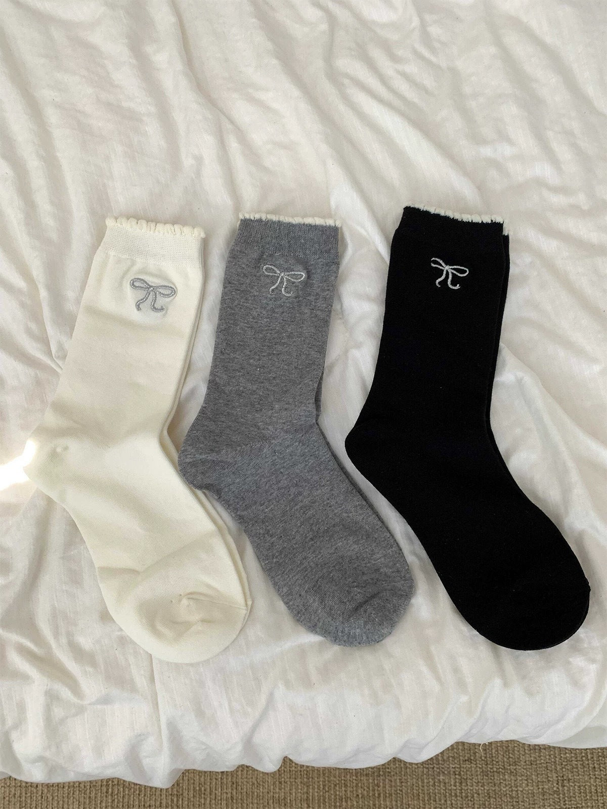 Embroidered Bow Cotton Crew Socks | Ruffle Trim Ballet Style for Women