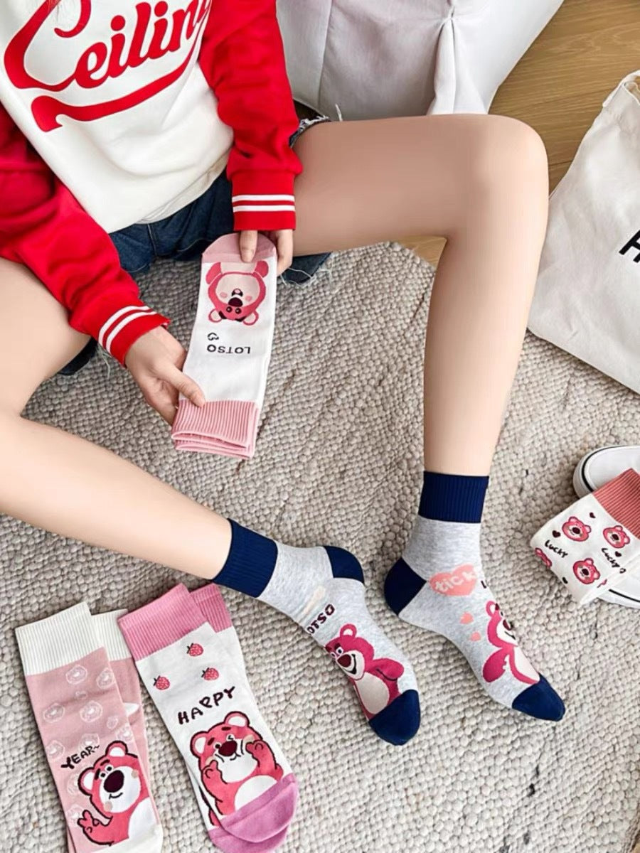 Cute Cotton Novelty Crew Socks | Strawberry Bear Print for Women