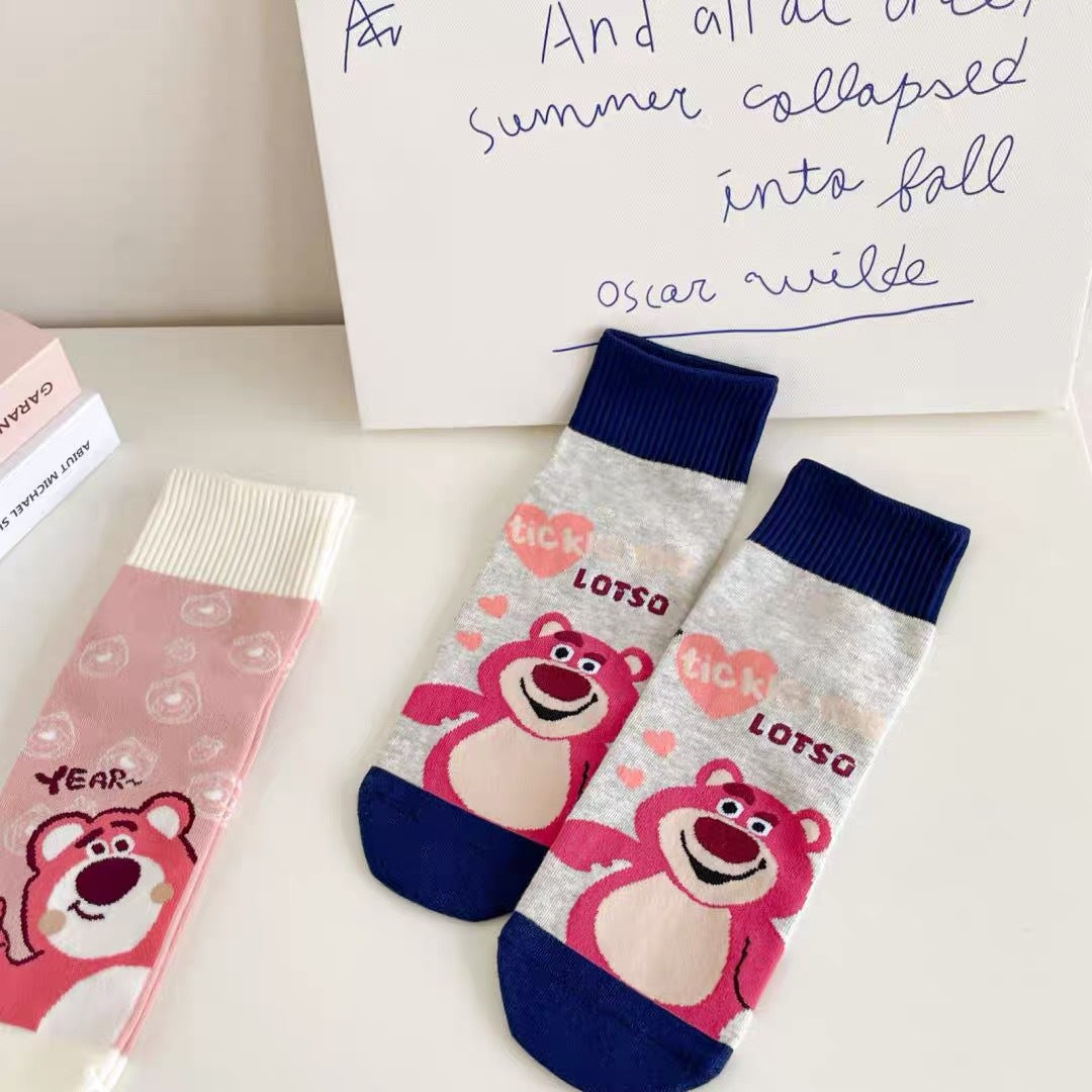 Cute Cotton Novelty Crew Socks | Strawberry Bear Print for Women