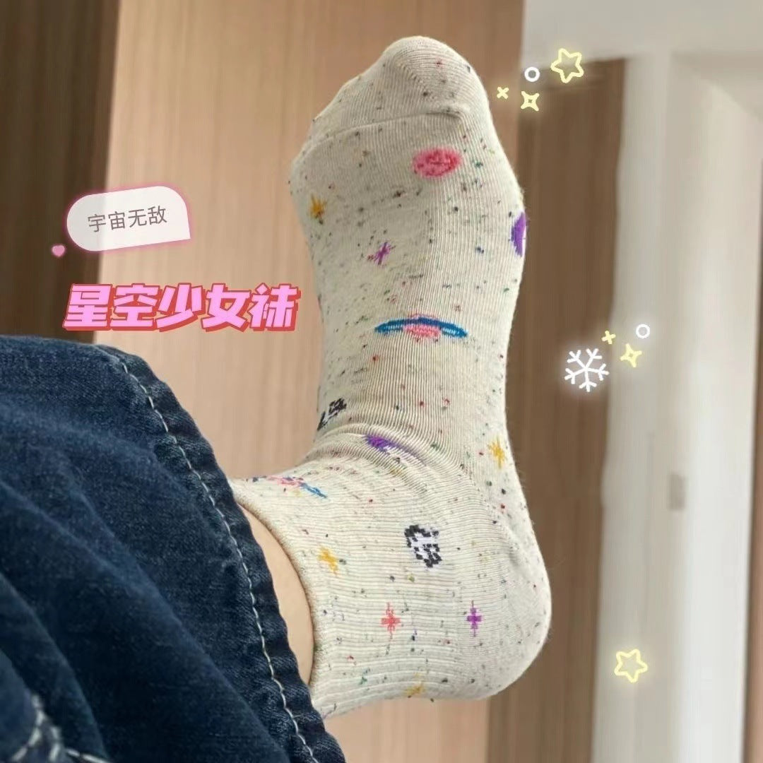 Women's Starry Patterned Crew Socks | Soft Cotton Novelty Socks