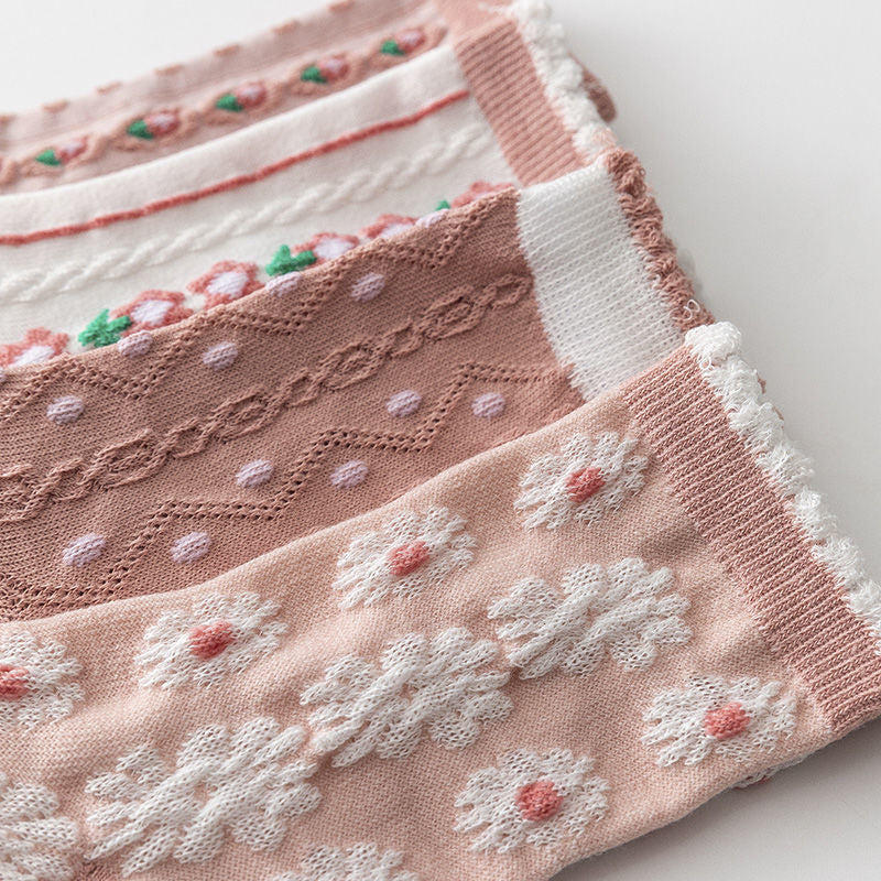 Women's Floral Pink Crew Socks | Cotton Textured Patterned Socks