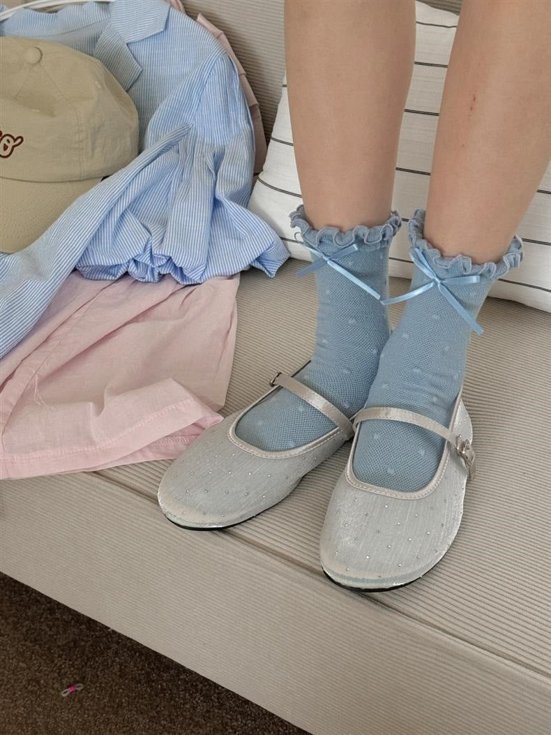 Ruffled Polka Dot Crew Socks for Women | Breathable Bow Socks