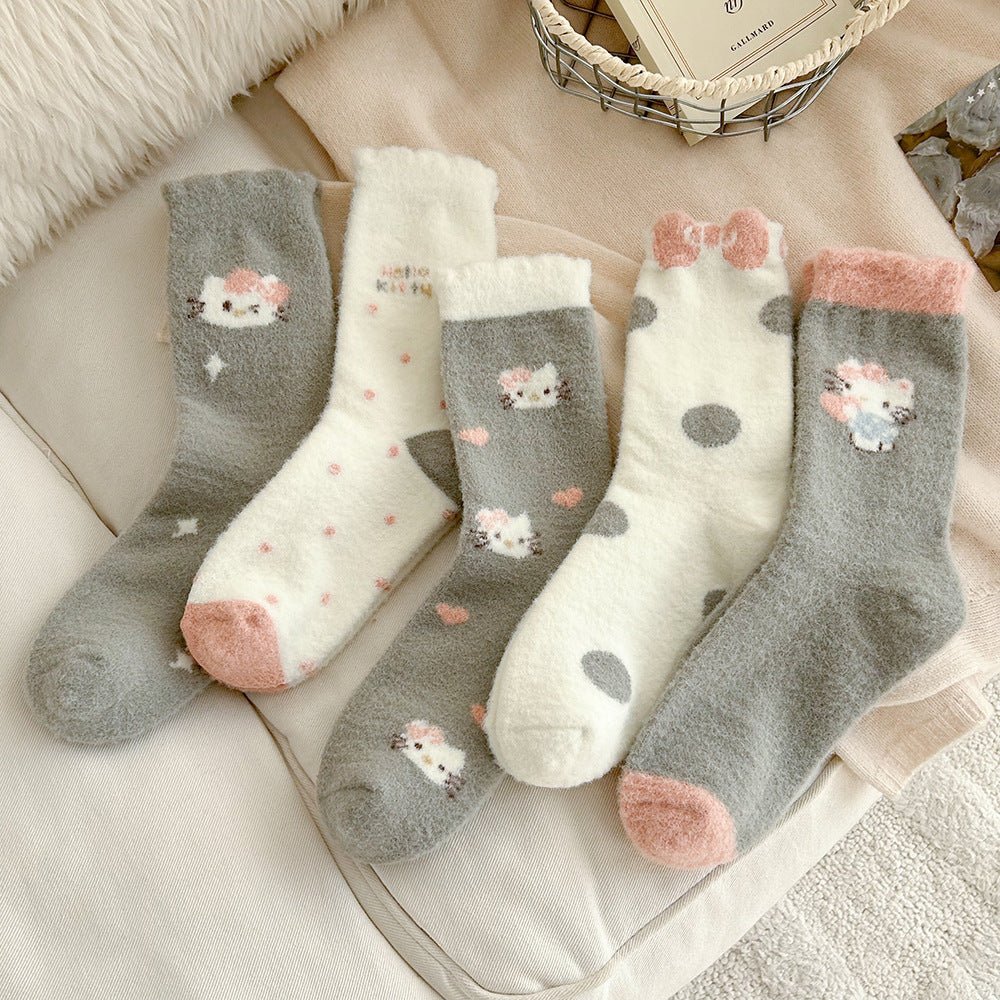 Cute Fuzzy Cozy Crew Socks | Hello Kitty Winter Socks for Women