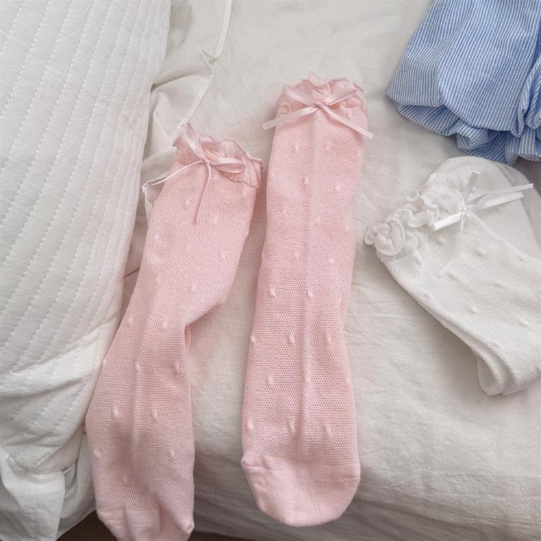 Ruffled Polka Dot Crew Socks for Women | Breathable Bow Socks
