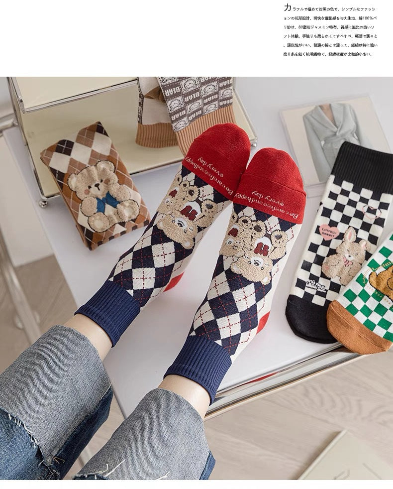 Cute Cotton Novelty Crew Socks | Checkered Bear Women's Socks