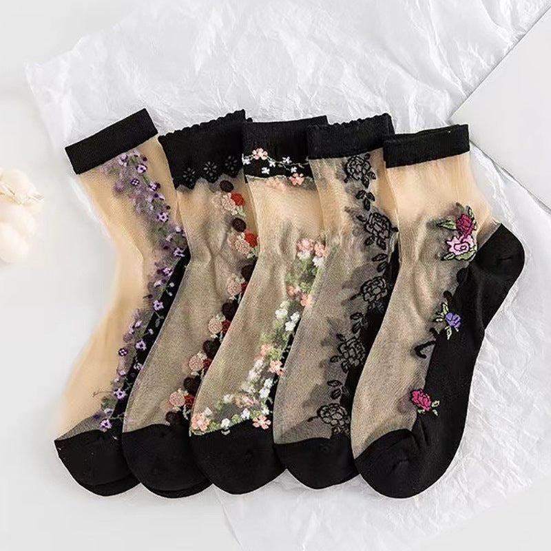 Floral Sheer Crew Socks for Women | Breathable Cotton Sole Summer Socks