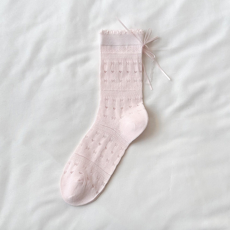 Sheer Cotton Crew Socks for Women | Bow Back Lace Trim