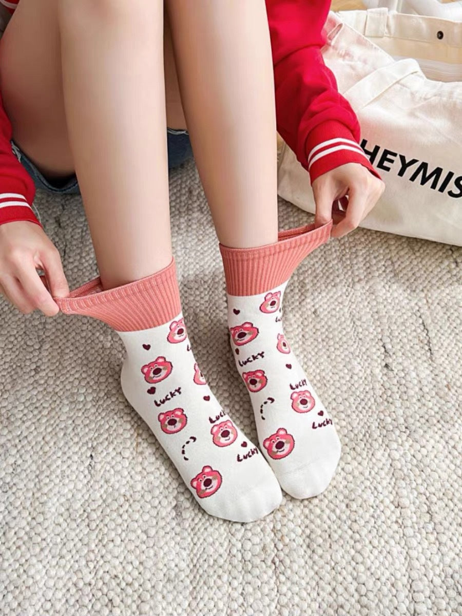 Cute Cotton Novelty Crew Socks | Strawberry Bear Print for Women