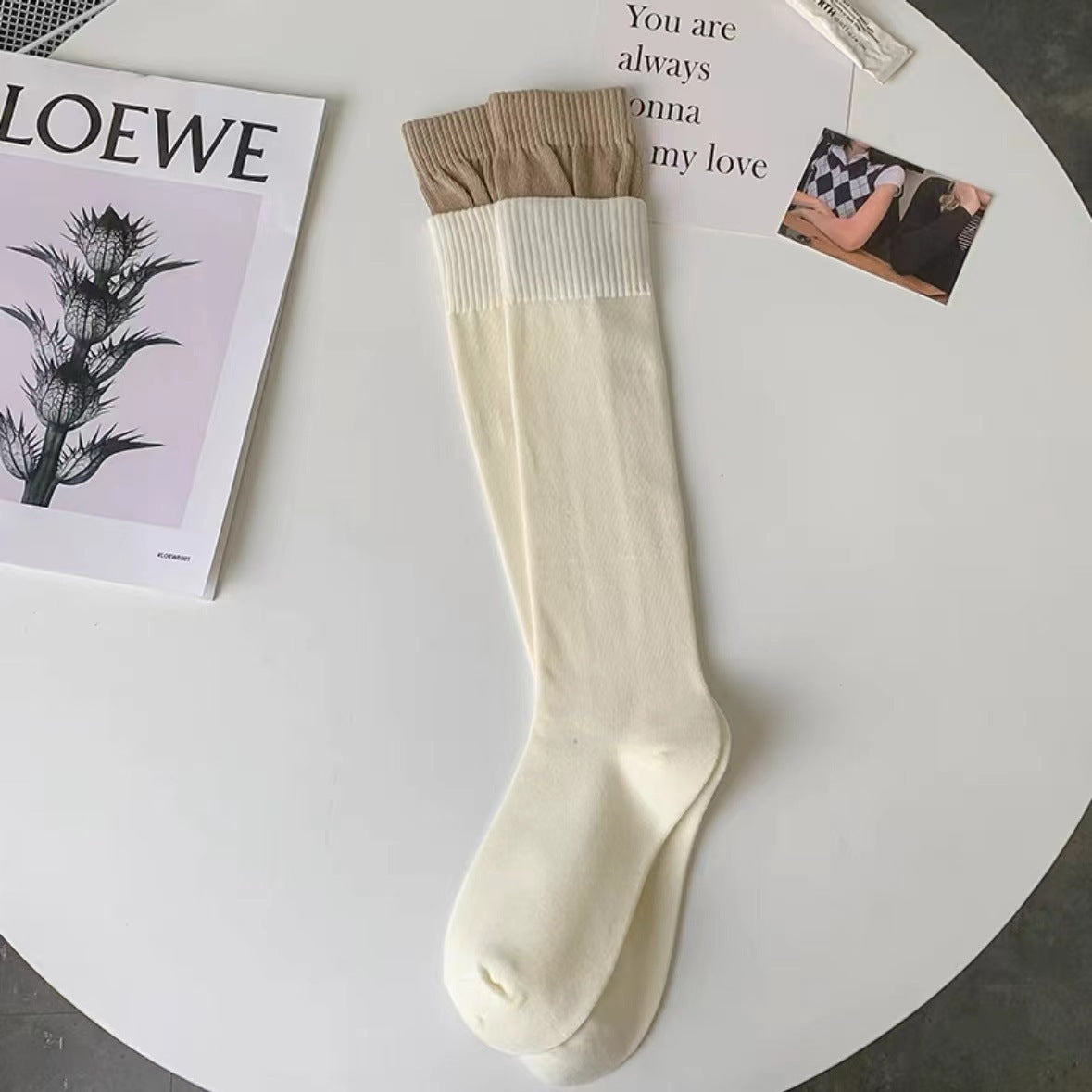 Two-Tone Double Cuff Calf Socks for Women | Slouch Knee High Socks