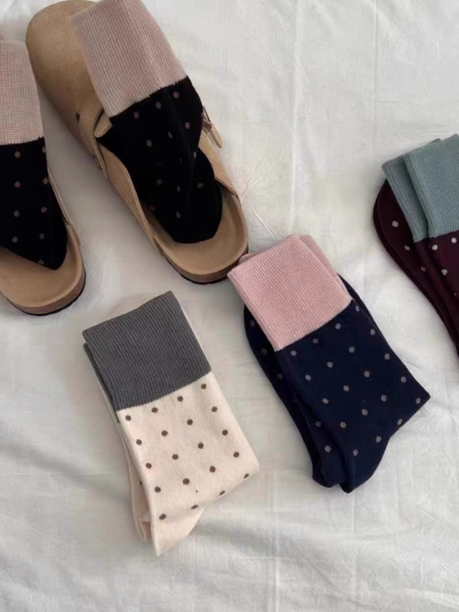 Retro Polka Dot Colorblock Crew Socks for Women
