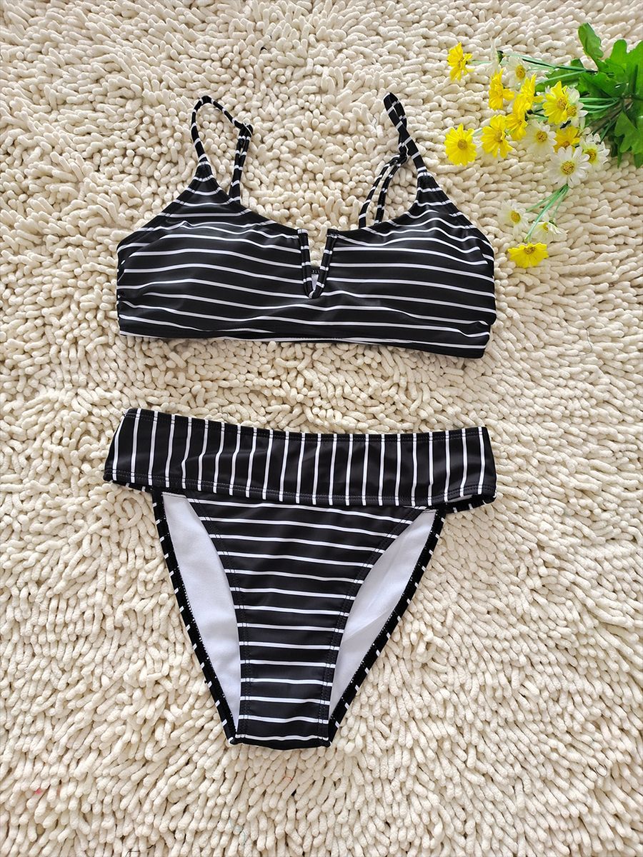 Striped Notched V High-Waist Bikini Set | Sexy Women's Swimwear