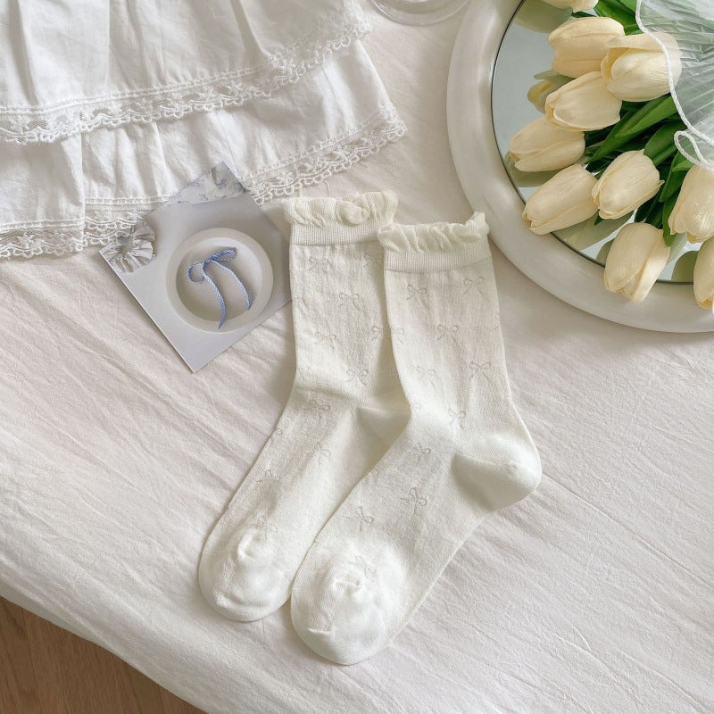Ruffled Bow Cotton Crew Socks | Balletcore Socks for Women