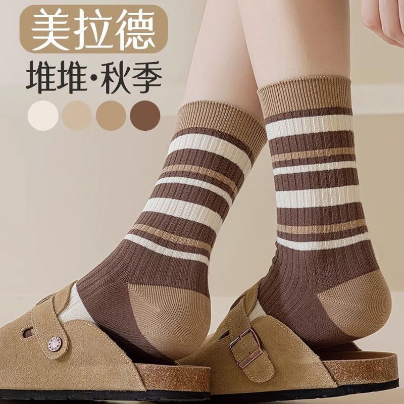 Women's Trendy Brown Crew Socks | Casual Fall Winter Mid-Calf