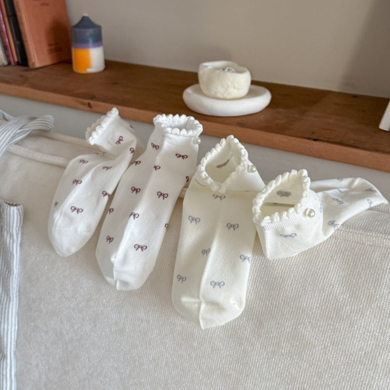 Bow Ruffle Ankle Socks for Women | Thin Summer Patterned Cotton Socks