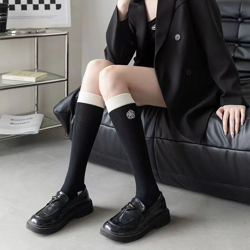 Embroidered Camellia Knee High Socks for Women | Chic JK Style