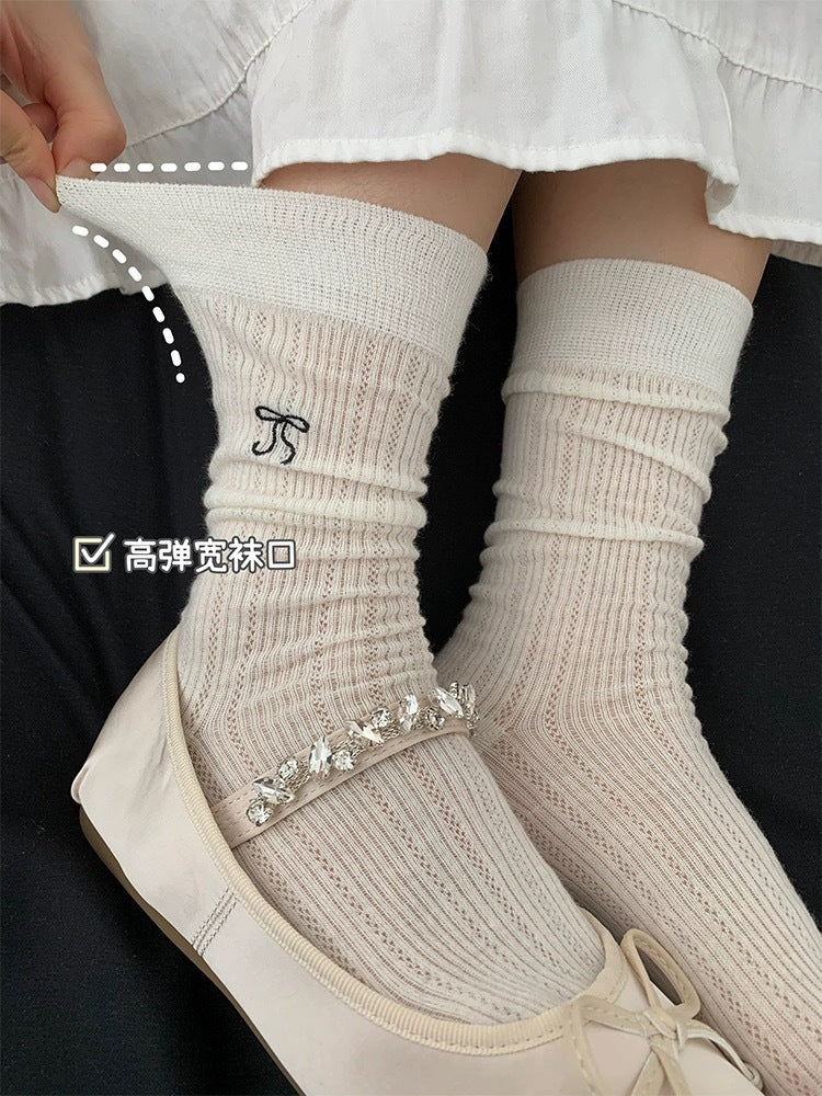 Thin Summer Ballet Bow Cotton Crew Socks for Women