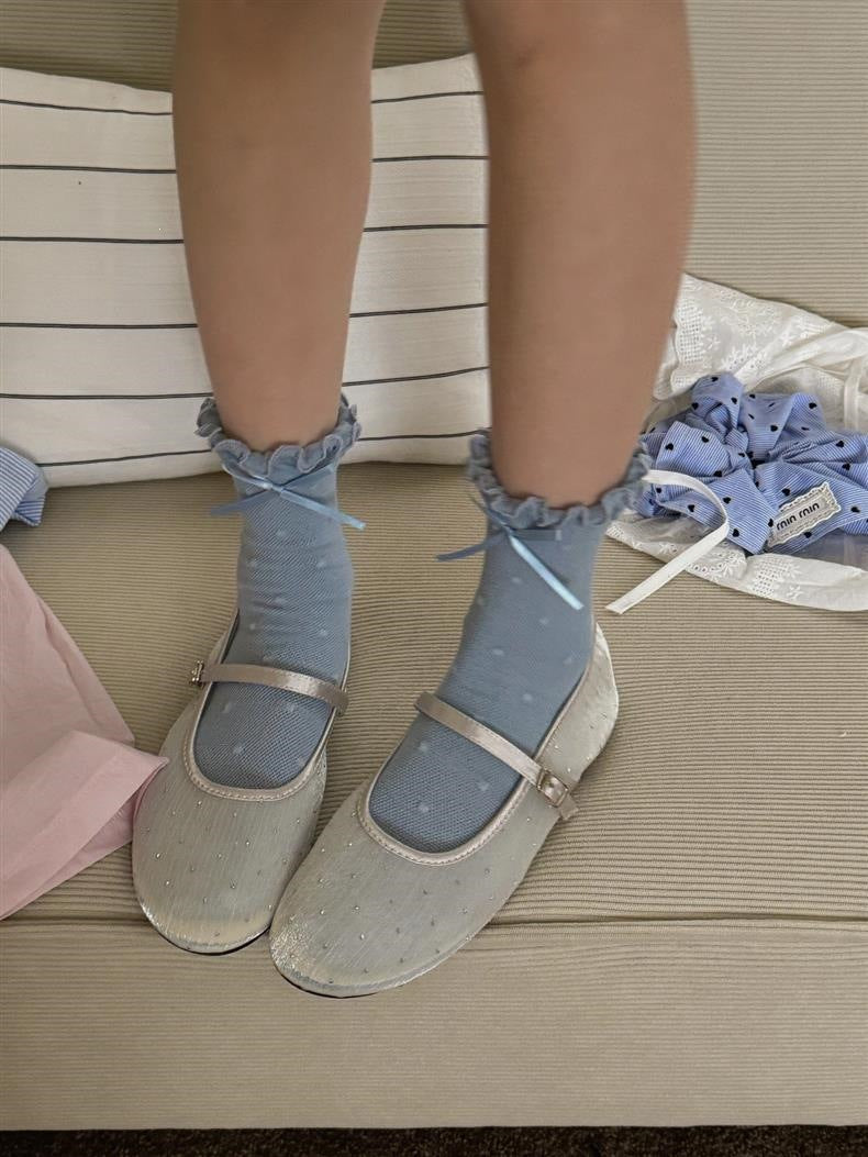 Ruffled Polka Dot Crew Socks for Women | Breathable Bow Socks