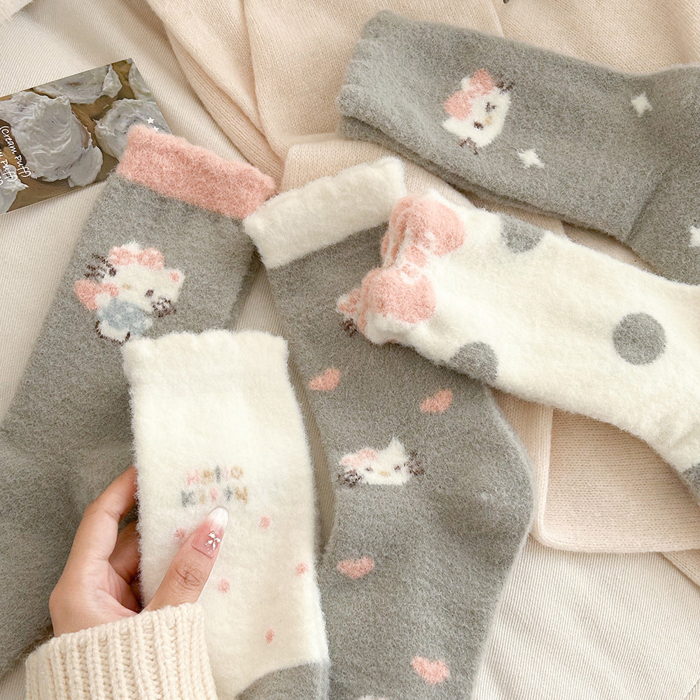 Cute Fuzzy Cozy Crew Socks | Hello Kitty Winter Socks for Women