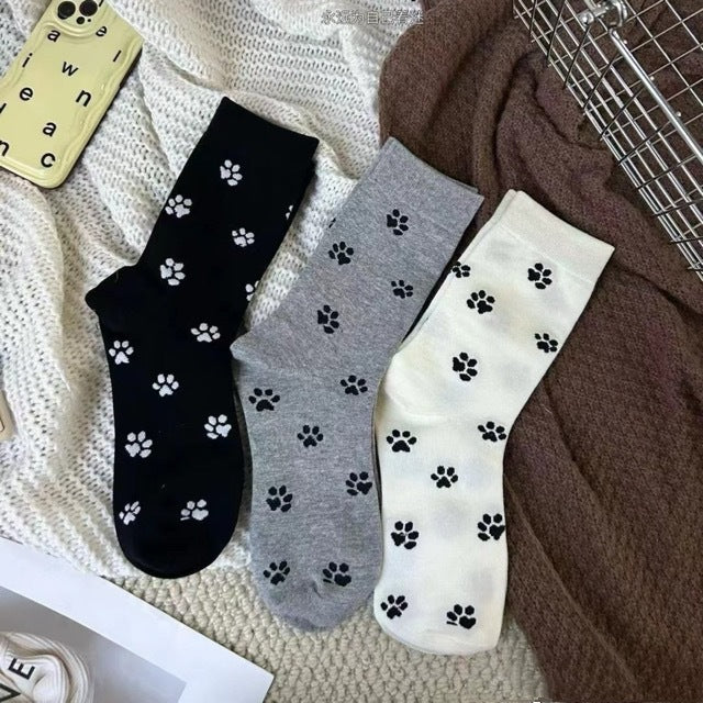 Playful Cat Paw Cotton Crew Socks for Women | Casual Patterned