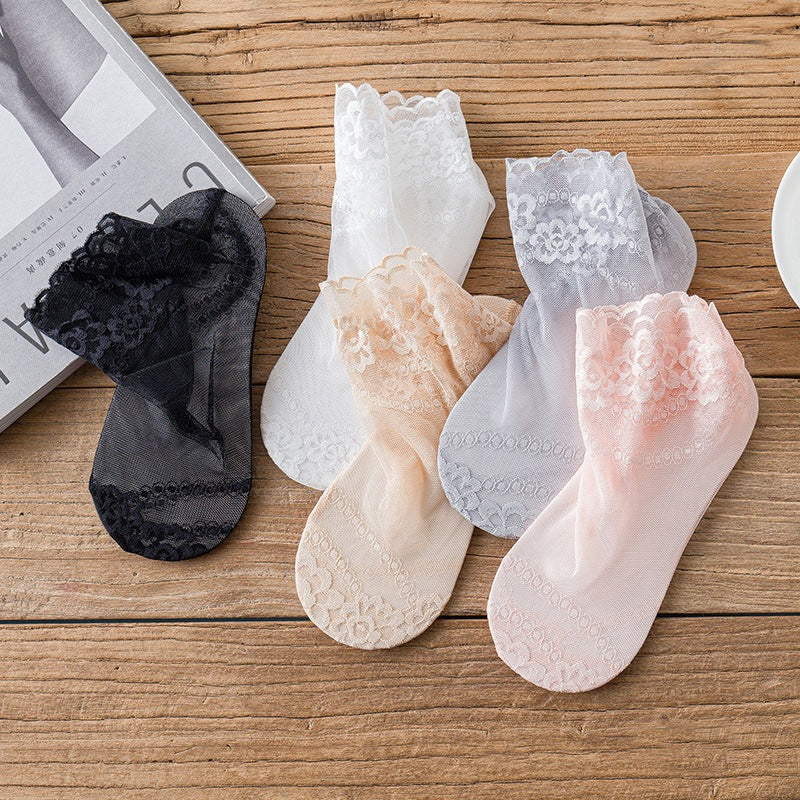 Lace Trim Ankle Socks for Women | Cotton Sole Sheer Mesh Socks
