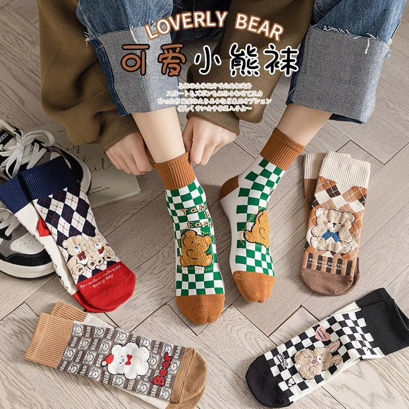 Cute Cotton Novelty Crew Socks | Checkered Bear Women's Socks
